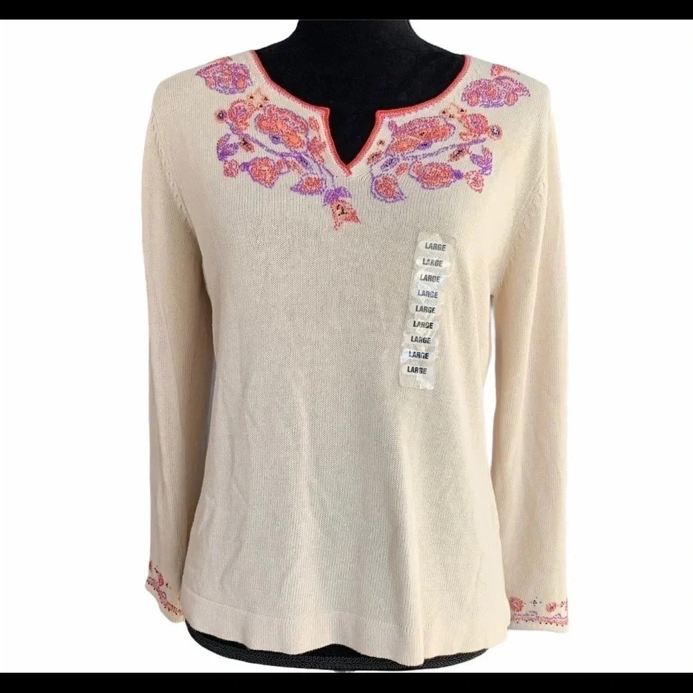 Sigrid Olsen Popover 3/4 Sleeve Beaded Knit Top Size L NWT